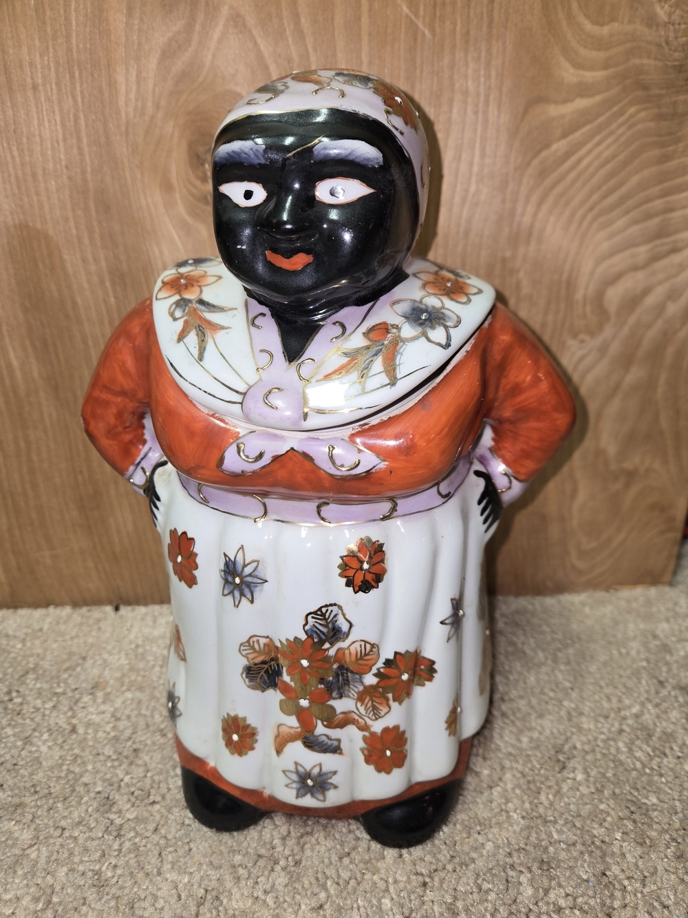 Vintage Rare Black Americana Mammie Ceramic Asian Floral Cookie Jar